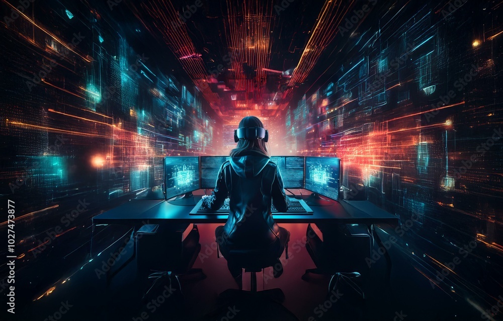 Poster a person sits in front of multiple computer monitors in a dark room with neon lighting.