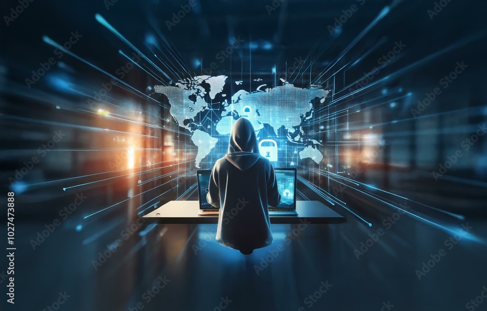 Poster a hooded figure sits in front of two laptops, a glowing world map and lock icons behind them.