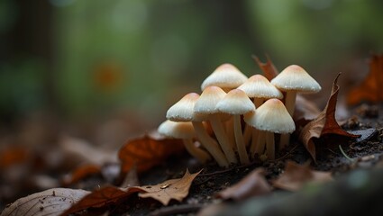 Fototapeta premium Enchanting scene of glowing white mushrooms in forest