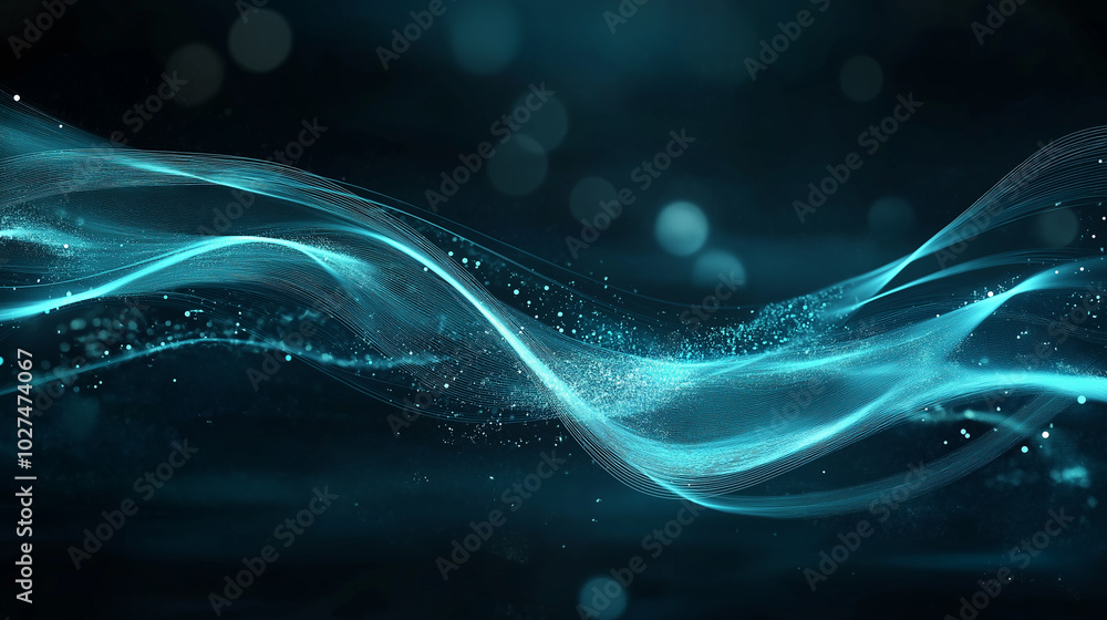 Poster abstract tech background in the form of blue waves, consisting of a large number of digital connecti
