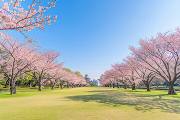 Obraz premium A picturesque view of a park with rows of cherry blossom trees in full bloom. The trees are lined up on both sides of a grassy path, with a clear blue sky overhead.