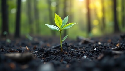 Symbol of new life sapling rising from ashes in burned forest