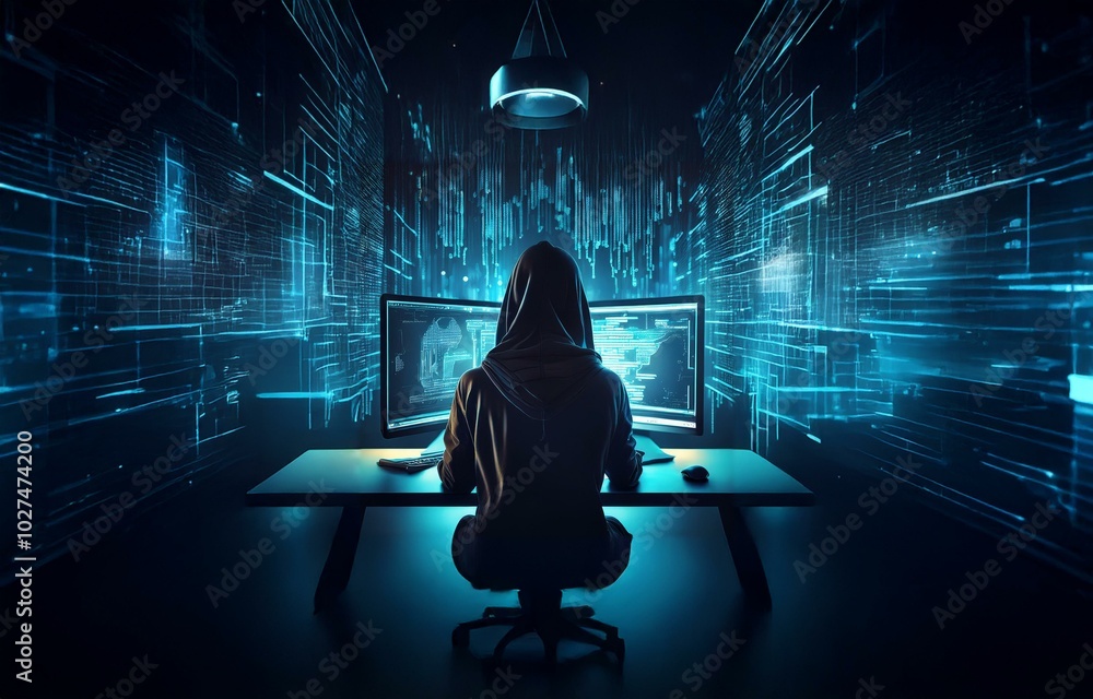 Poster a hooded figure sits in front of two computer monitors displaying blue digital code in a dark room.