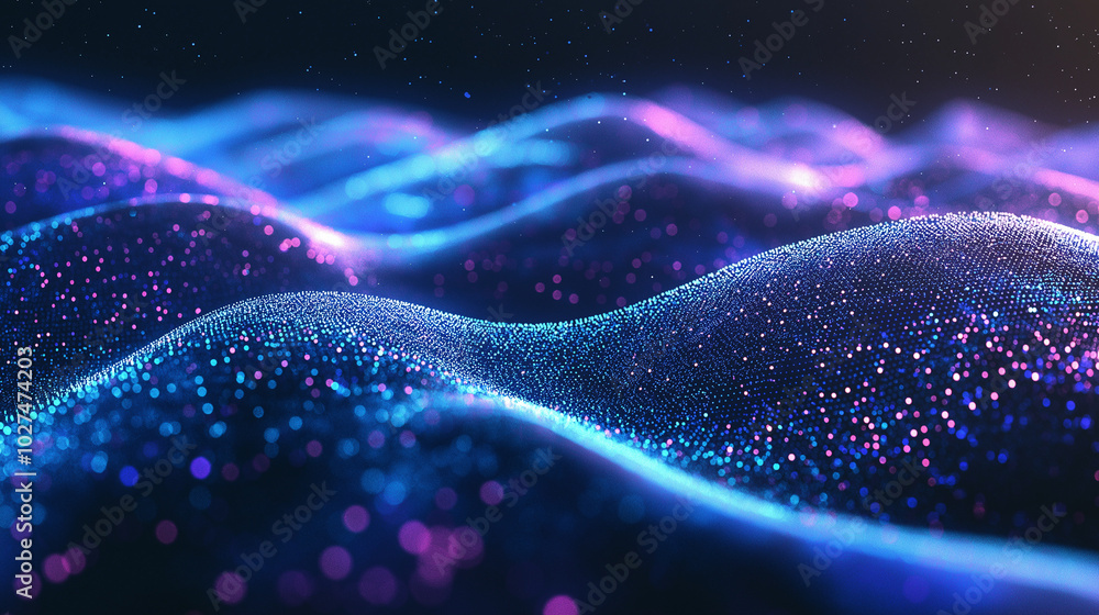 Poster abstract tech background in the form of blue waves, consisting of a large number of digital connecti
