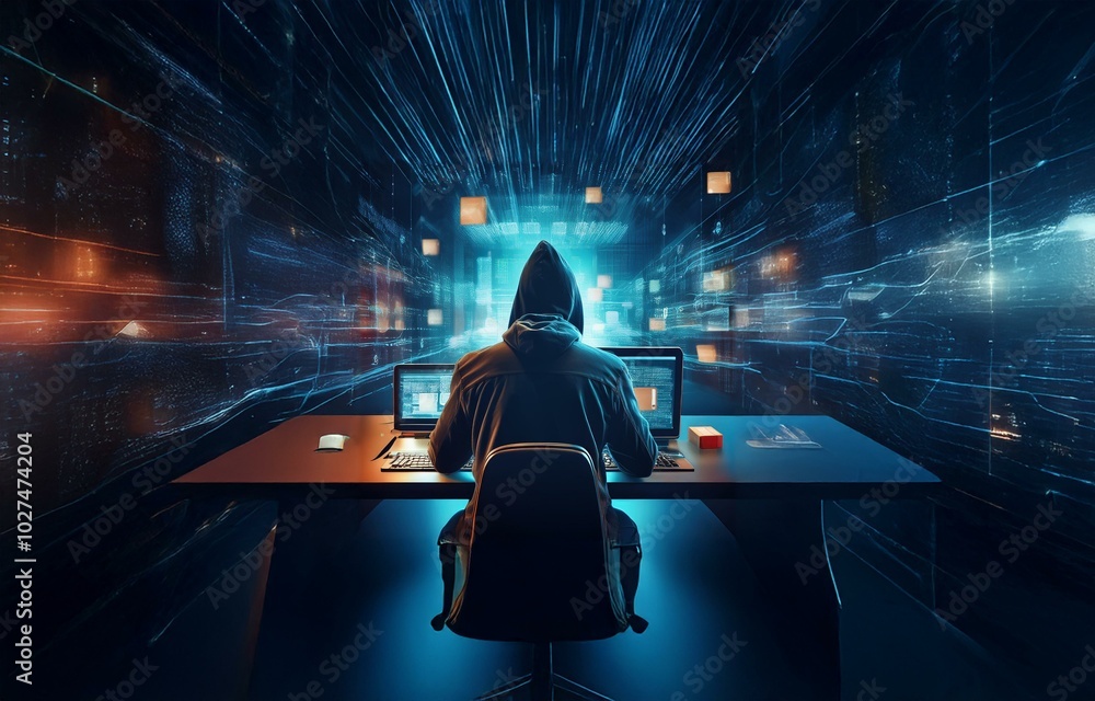 Poster a hooded figure sits at a computer desk in a dark room illuminated by a blue glow.