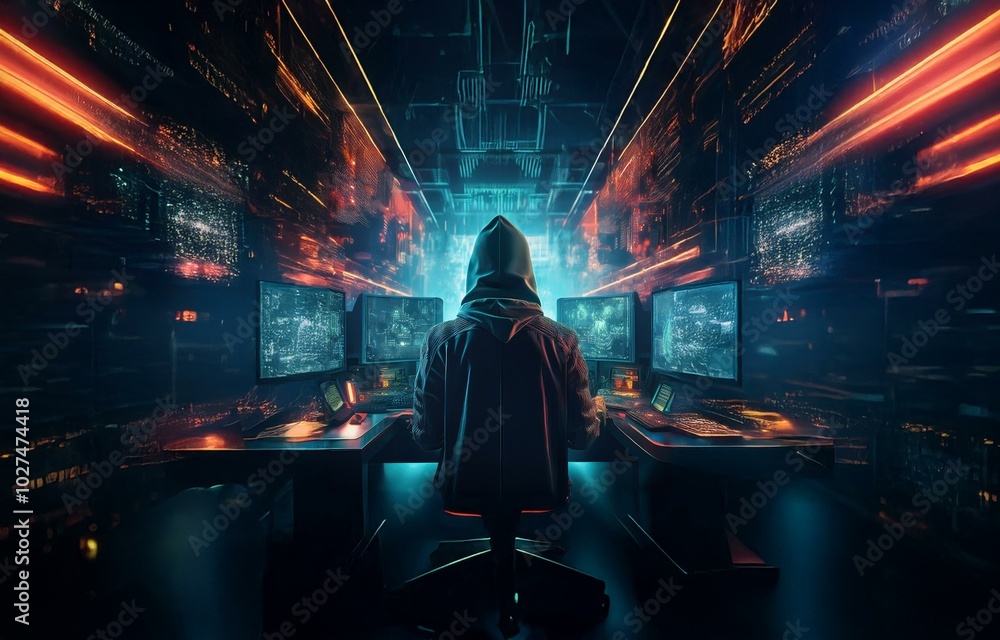 Poster a hooded figure sits at a desk with three monitors displaying data, in a futuristic, high-tech envir