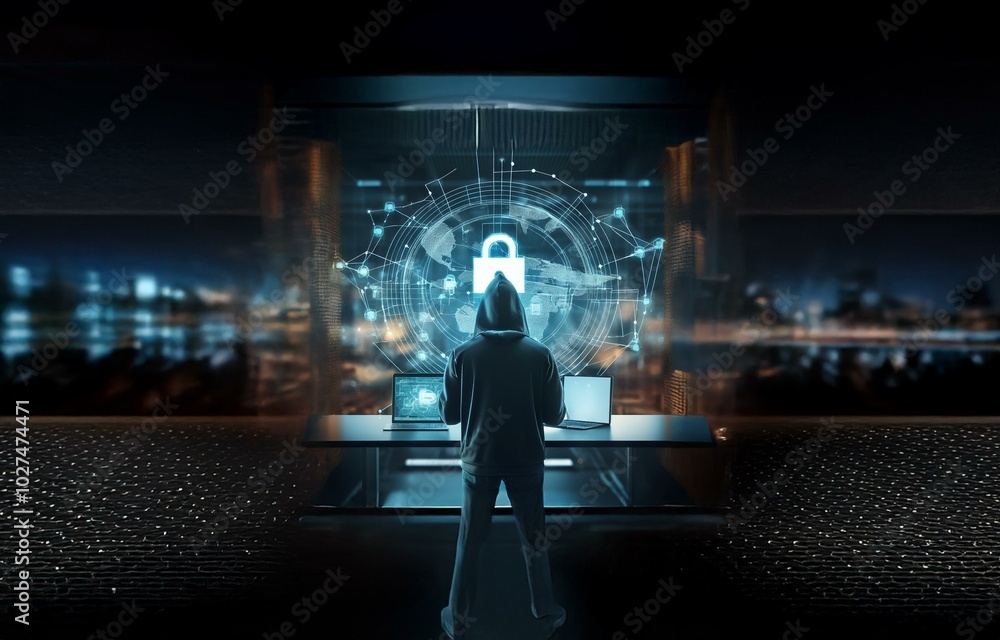 Poster a hooded figure stands in front of a glowing globe with a padlock icon, illuminated by the glow of t
