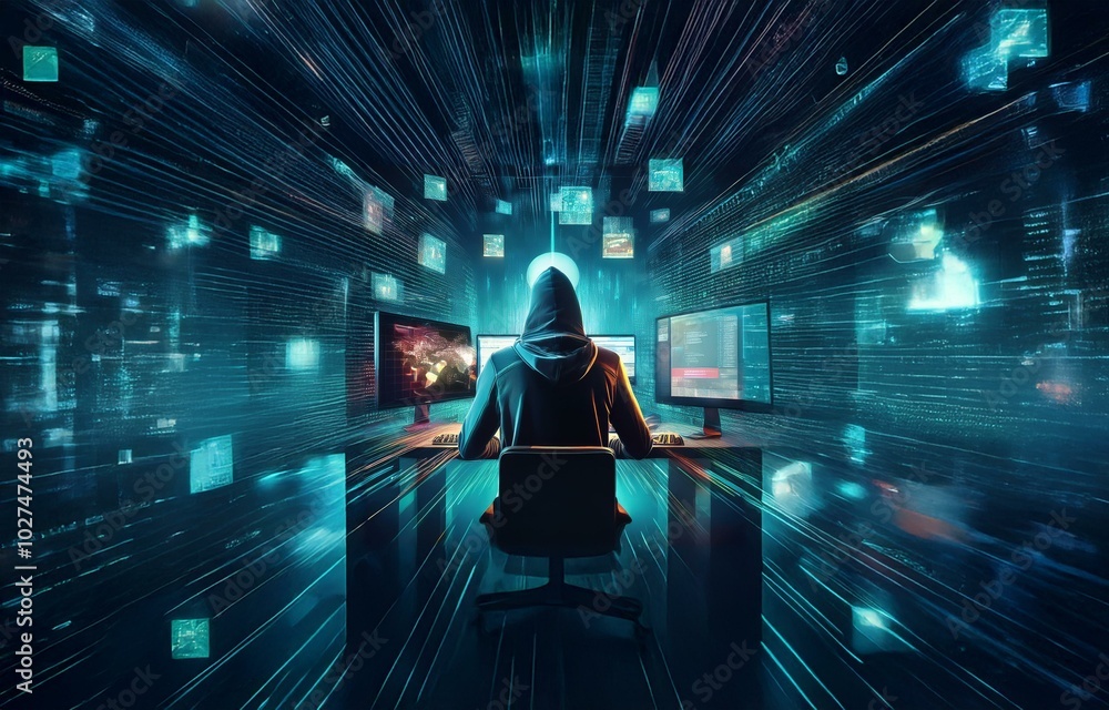 Aufkleber a hooded figure sits in front of two computer monitors surrounded by a digital landscape of bright b