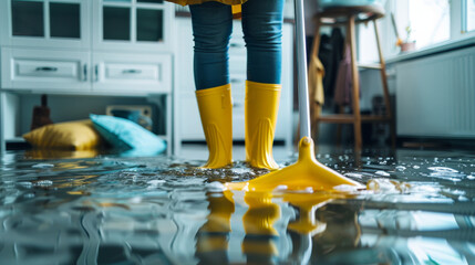 person in rubber boots cleaning the floor