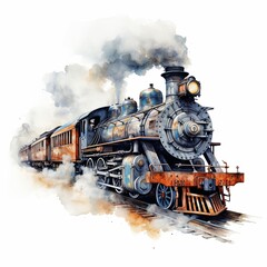 Fototapeta premium A vintage watercolor illustration of a steam locomotive traveling through a scenic rural landscape, featuring trees, mountains, and a river, evoking nostalgia and romance.