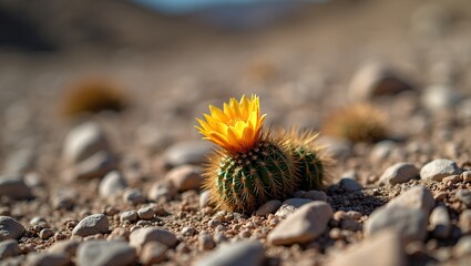 Vibrant cactus flower in rocky desert landscape