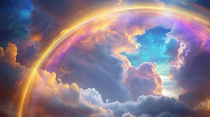 A magical artist paints a rainbow in the sky with glowing colors that ripple and dance as living beings &ndash; A dynamic image of creation and joy, celebrating life and the responsibili