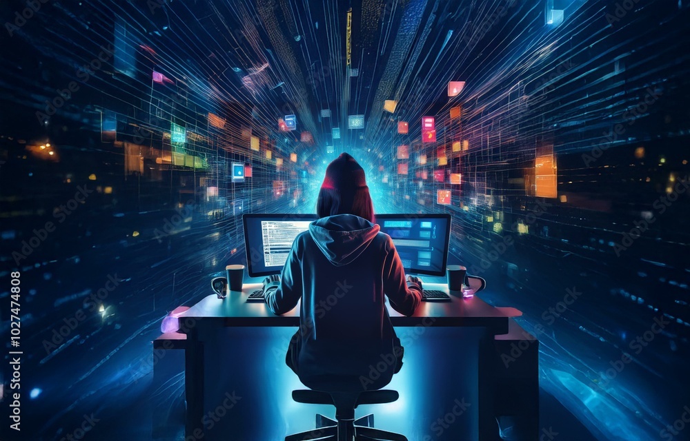 Poster A hooded figure sits at a computer in a dimly lit room, surrounded by a swirling array of digital data.