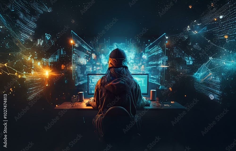 Leinwandbilder A person sits at a computer with multiple monitors displaying abstract digital patterns and code.