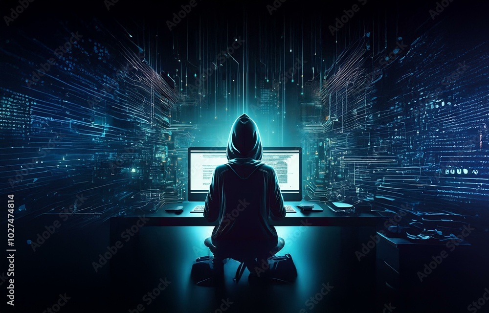 Fototapete A hooded figure sits at a desk in front of a computer screen.  The background is filled with glowing lines of digital code.