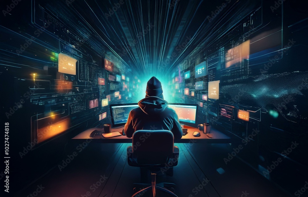 Poster A hooded figure sits at a desk in front of a computer screen, with a glowing blue light emanating from the screen, surrounded by digital data.