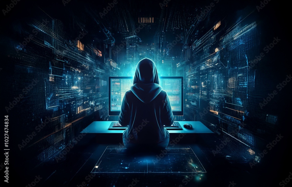 Poster A hooded figure sits in front of two glowing computer screens, surrounded by digital code.