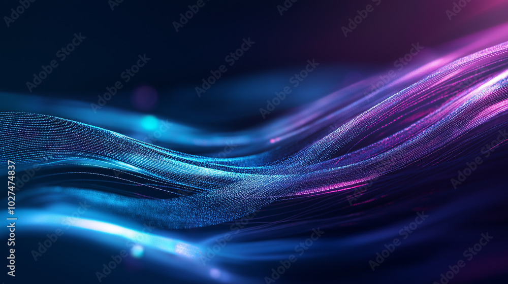 Poster abstract tech background in the form of blue waves, consisting of a large number of digital connecti