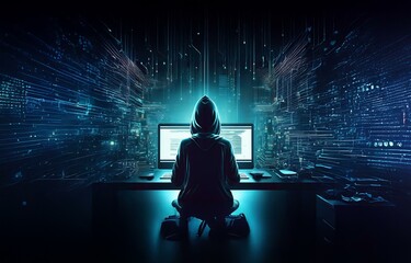 A hooded figure sits at a desk in front of a computer screen.  The background is filled with glowing lines of digital code.