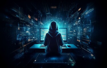 A hooded figure sits in front of two glowing computer screens, surrounded by digital code.