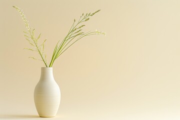 A simple white vase with a sprig of delicate white flowers and green grasses against a pale yellow background.