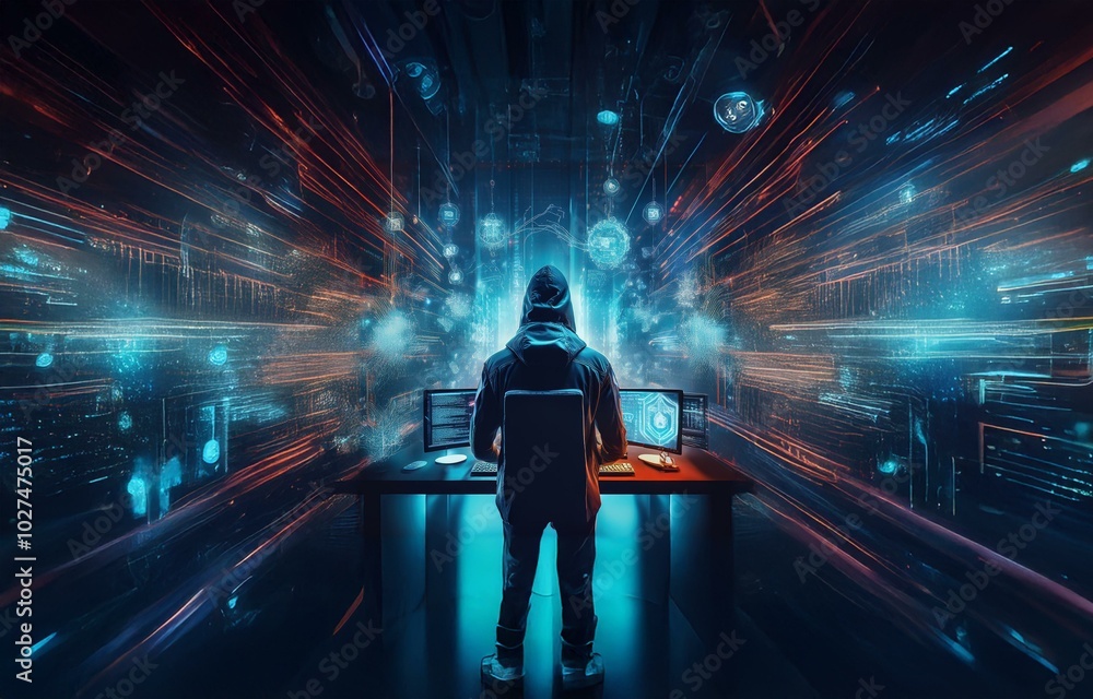Poster a hooded figure sits in front of two computer monitors surrounded by glowing blue and orange digital