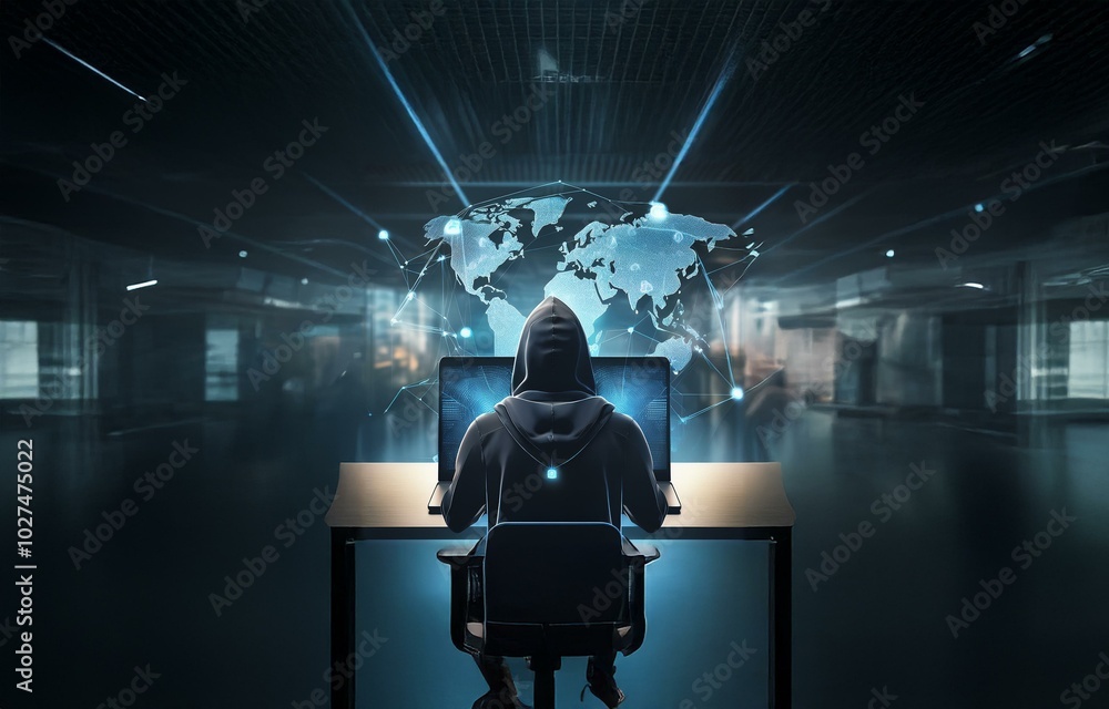 Poster Hooded figure sitting at a desk with two computer screens, a glowing world map, and a network of lines and dots.