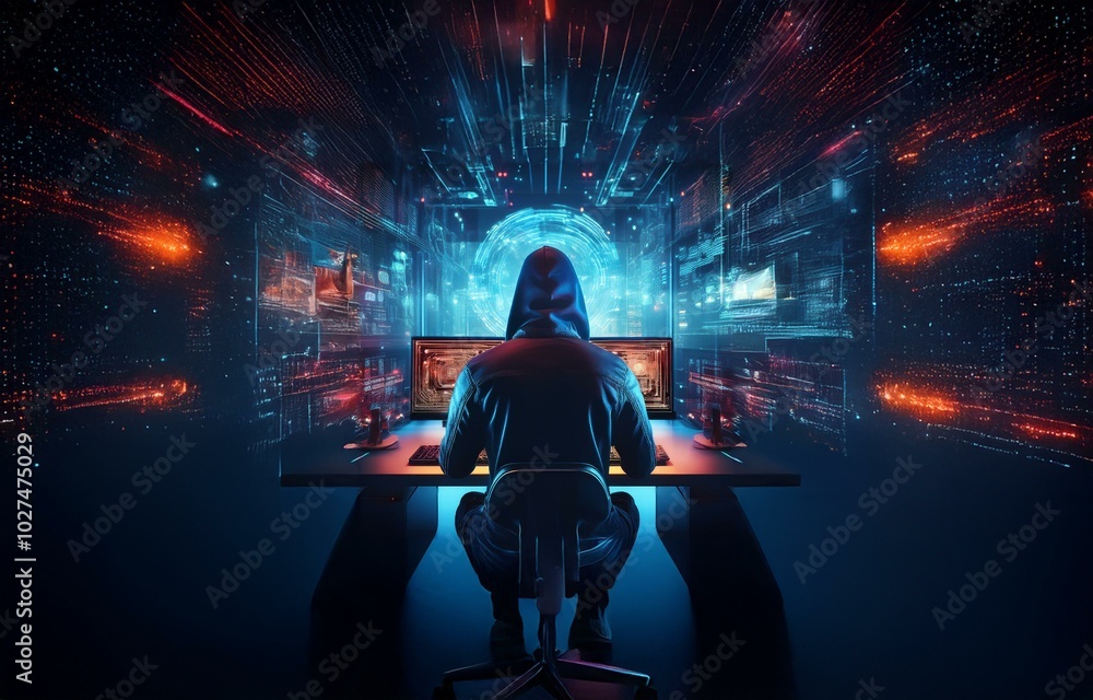 Poster a hooded figure sits at a computer desk in a room filled with neon lights and digital code.