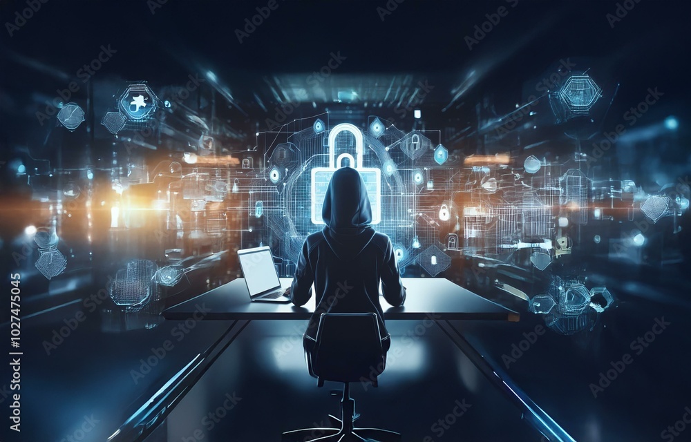 Poster A hooded figure sits at a desk, facing a screen displaying a glowing padlock surrounded by digital patterns.