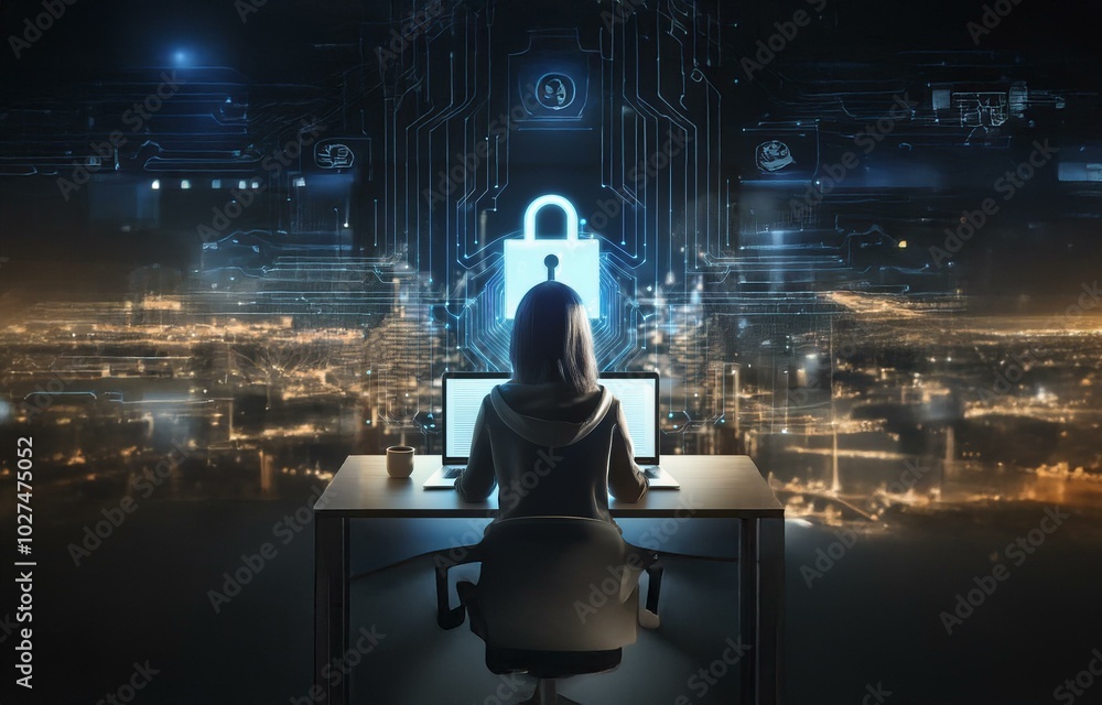 Poster a person sits at a desk in front of two laptops, with a glowing padlock symbol and a cityscape behin