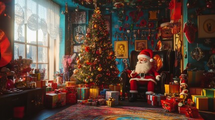A whimsical New Years setup with a Christmas tree, colorful presents, and Santa decorations creating a joyful atmosphere.