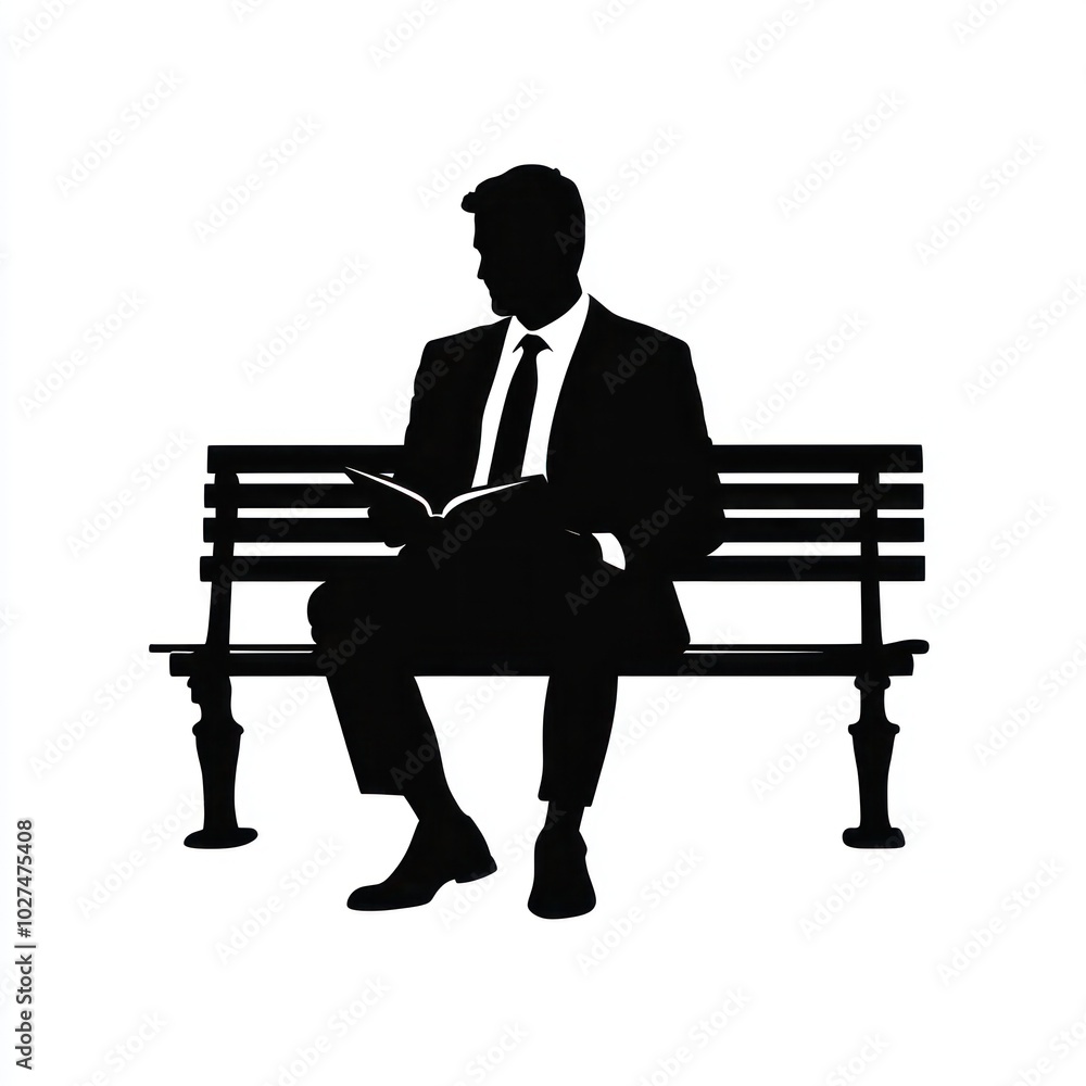 Wall mural mindful reading: silhouette of man on park bench in 3d environment inspiring leisure and learning