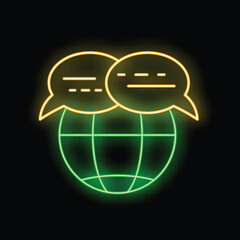 Neon sign showing two speech bubbles having a conversation above planet earth, representing global communication