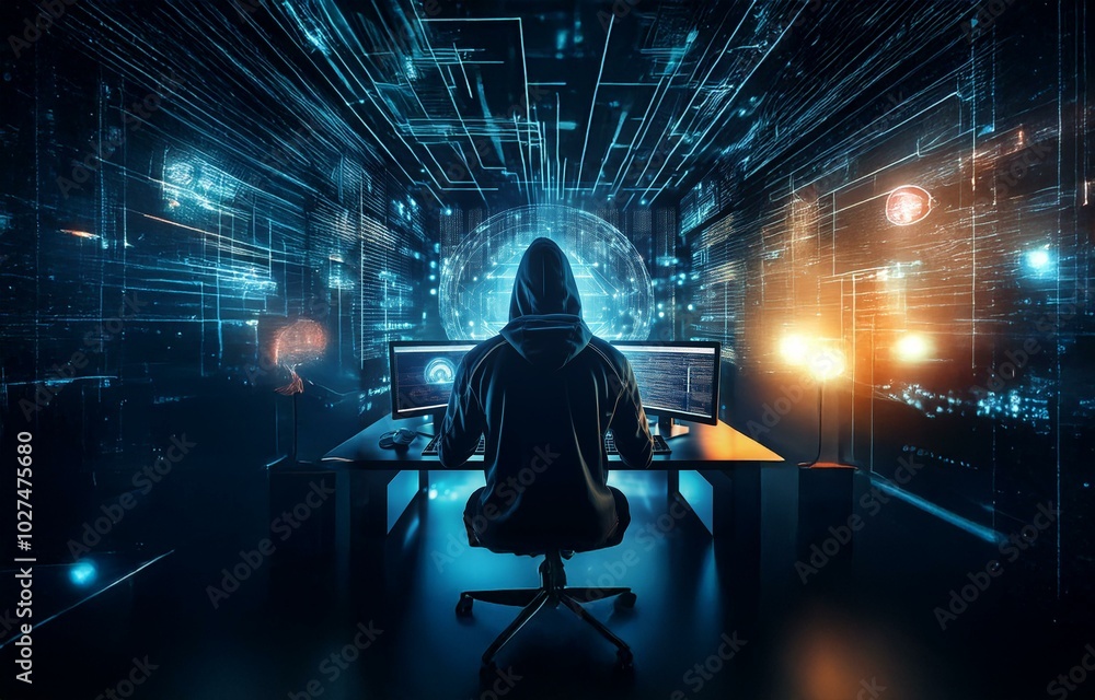 Poster a hooded figure sits in front of two computer monitors in a dark room, illuminated by glowing blue a