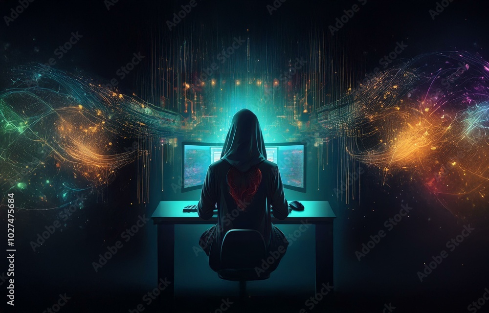 Poster A hooded figure sits at a desk with two computer monitors in front of them, surrounded by an abstract digital landscape.