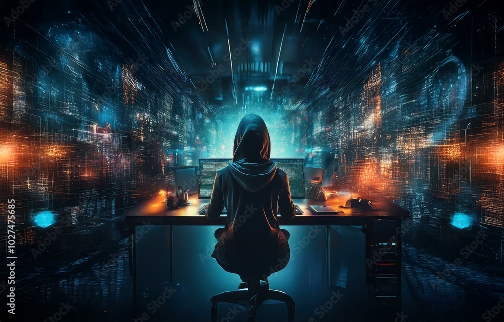 Poster A hooded figure sits at a desk in front of a computer screen with a glowing blue and orange backdrop.