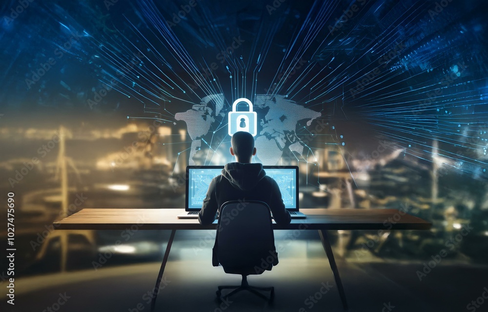 Poster A person in a dark hooded sweatshirt sits at a desk in front of two laptops with a glowing padlock and a globe in the background.