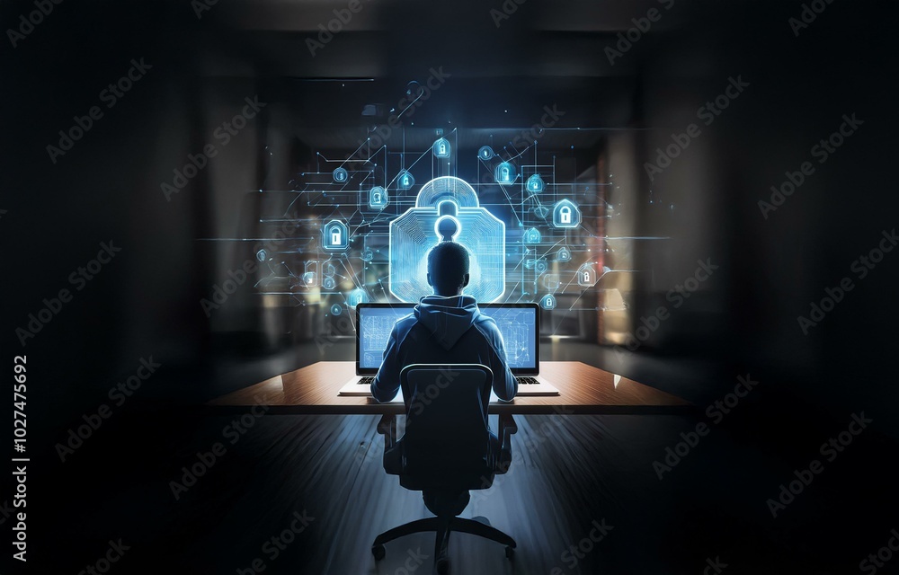Aufkleber A person sits at a desk with two laptops in front of them. A glowing blue padlock and circuit board pattern hover above them.