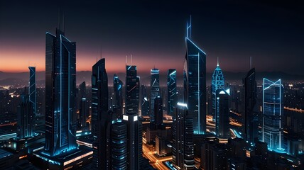 A breathtaking futuristic cityscape at night, featuring tall skyscrapers illuminated by blue neon lights against a dark background, creating a vibrant urban atmosphere.