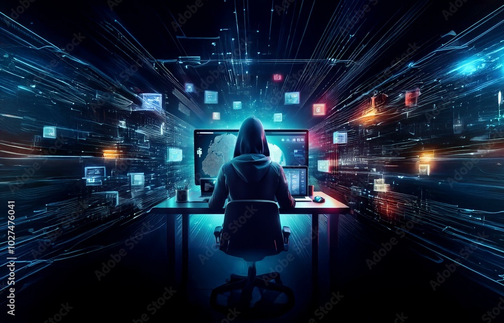 Poster a hooded figure sits at a desk in front of a computer, surrounded by glowing lines and digital inter