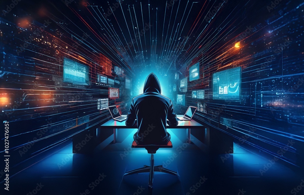 Fototapete a hooded figure sits in front of a computer, surrounded by glowing screens and lines of code.