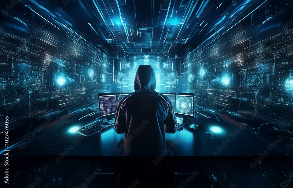 Poster a hooded figure sits in front of multiple computer screens, surrounded by blue digital light, workin
