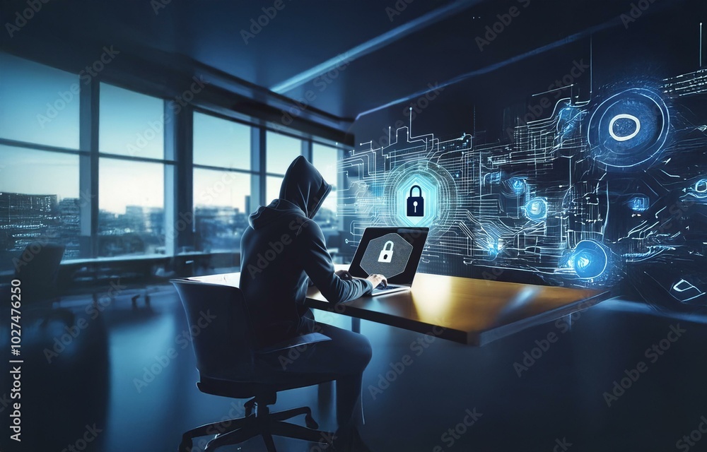 Fototapete A hooded figure sits in an office at a desk with a laptop and types. The computer screen displays a glowing image of a lock and circuit board.