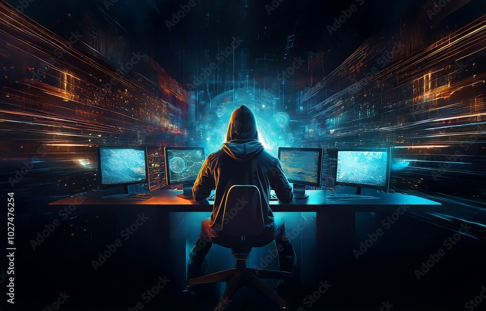 Fototapete a hooded figure sits in front of multiple computer screens, a bright glowing orb behind them, surrou