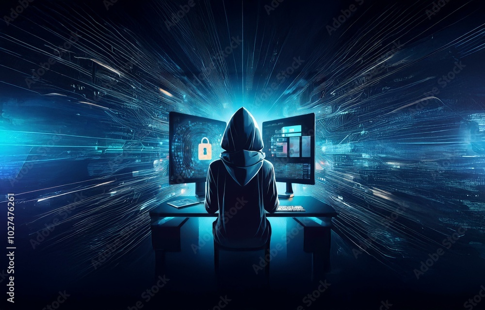 Fototapete A hooded figure sits before two computer monitors, one displaying a padlock in a swirling digital pattern.