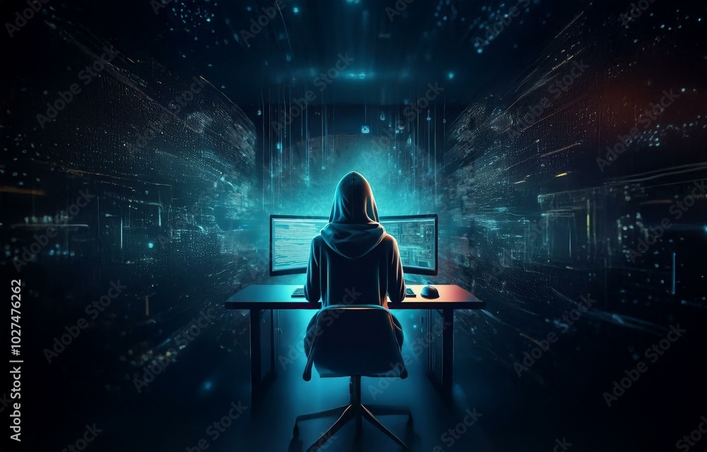 Aufkleber a hooded figure sits at a computer desk in a dark room, surrounded by digital data.
