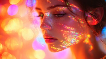 A captivating portrait of a person with vibrant colors and reflections casting beautiful, emotion-filled patterns on the face, creating a lively visual art piece.