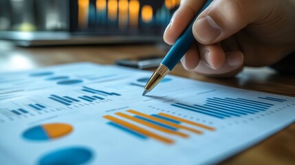 A professional setting showing a hand holding a pen over financial charts and graphs on a desk, illustrating analysis and strategy in a business environment.
