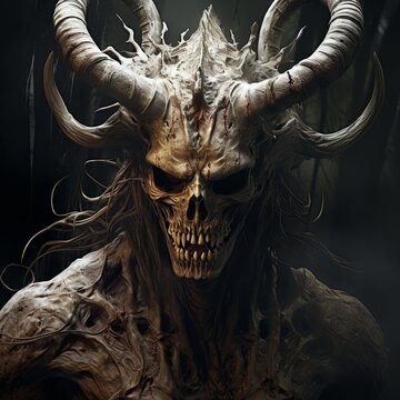 This is a demonic skull with horns and glowing red eyes. It is a perfect image for a horror movie poster or any other project that needs a creepy and unsettling image.