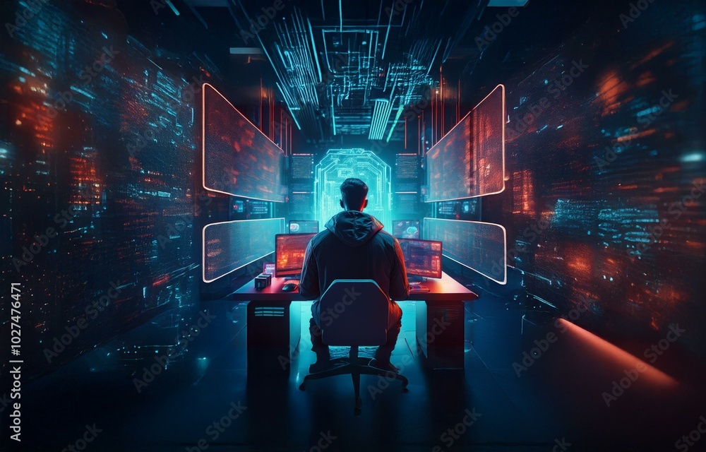 Poster a lone figure sits in a dimly lit room surrounded by glowing screens filled with digital data.